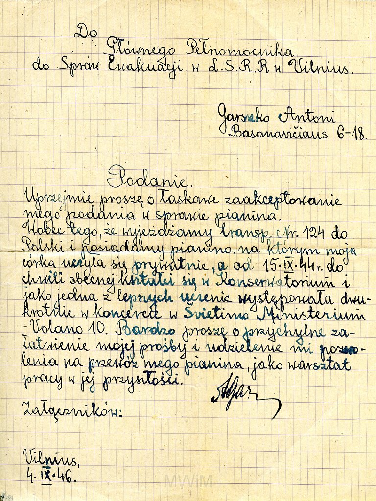 KKE 5697.jpg - Dok. Podanie Antoniego Graszko do Głównego Pełnomocnika do spraw Ewakuacji w L.S.R.R. w Wilnie w sprawie wywozu pianian do Polski, Wilno, 4 IX 1946 r.